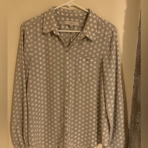 LOFT gray and white polka dot blouse